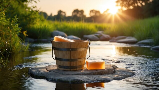 Serenity in nature with a wooden bucket and handmade soap by a tranquil stream at sunrise