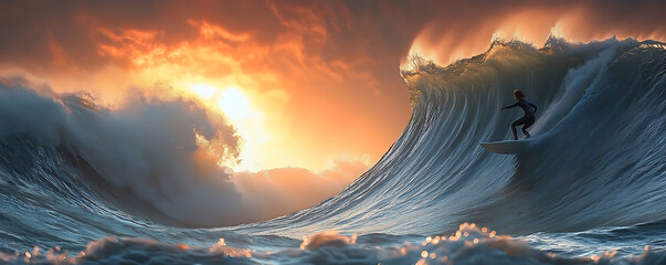 Dramatic silhouette of a surfer riding a massive wave at sunset. Epic ocean scene perfect for adventure, sports, and nature themes. Ideal for websites, magazines, and social media.