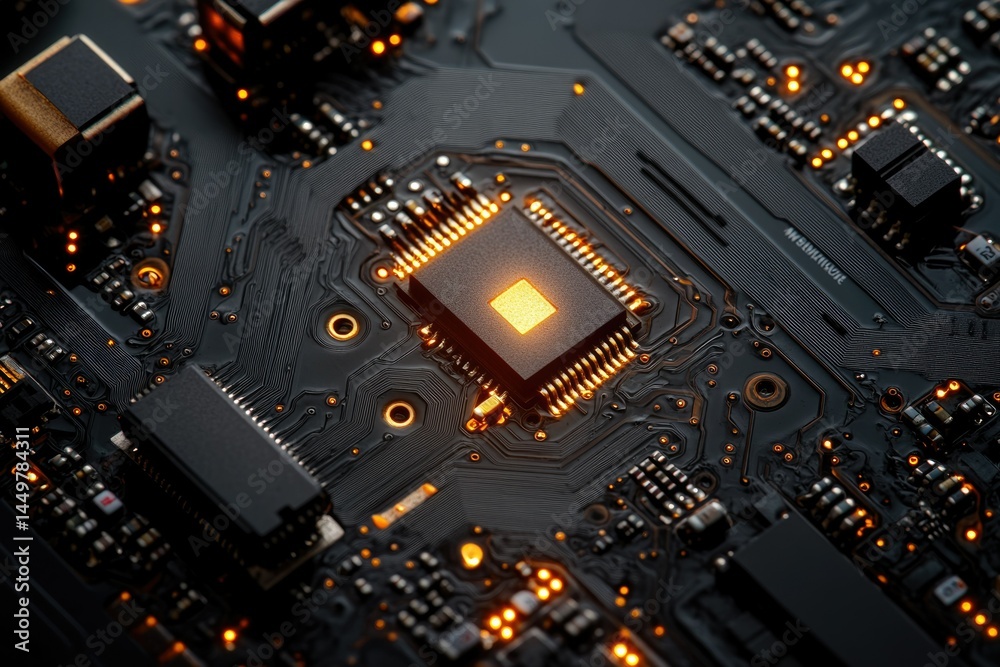 Poster Close-up of a circuit board with a glowing central processor, showcasing intricate electronic components.