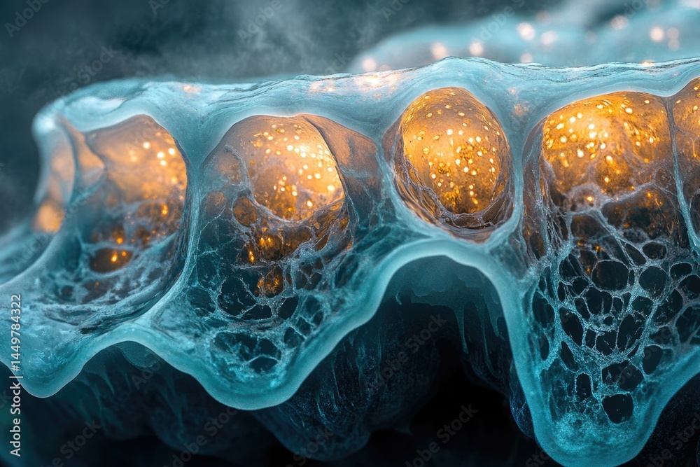 Poster abstract close-up of a bioluminescent, icy, cavernous structure with glowing interiors.