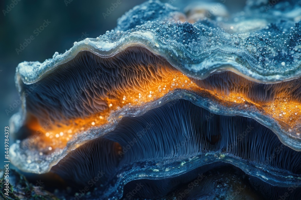 Poster close-up of a layered mushroom with glowing orange spores, showcasing intricate textures and natural
