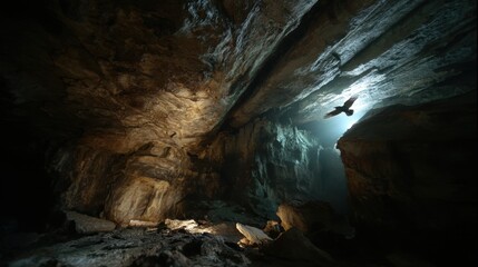 Silhouetted Bird in Flight, Celestial Cave Lightbeam