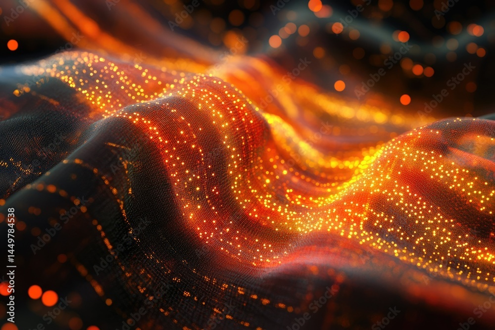 Poster Abstract digital wave of glowing orange particles, flowing data visualization concept.