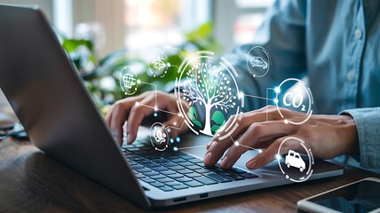 Person Typing On Laptop With Environment Sustainability Interface Overlayed Climate Change And Sustainable Technology