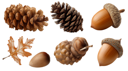 collection of various natural elements: pine cones, acorns and leaf  isolated on white transparent background