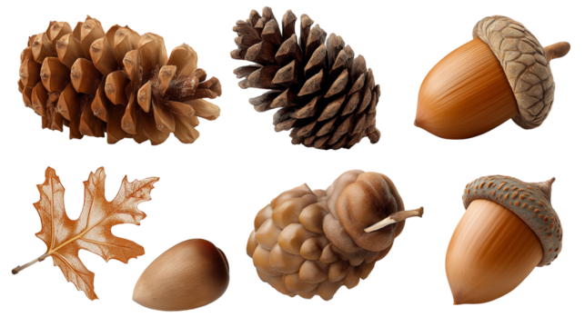 collection of various natural elements: pine cones, acorns and leaf  isolated on white transparent background