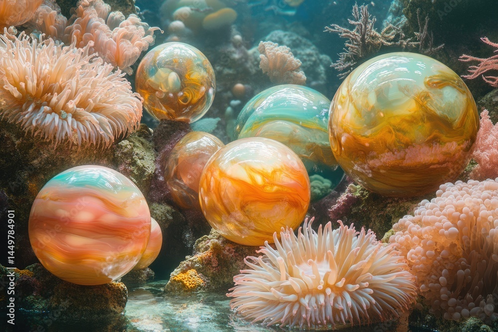 Poster underwater scene with colorful glass orbs and sea anemones, creating a surreal and vibrant underwate