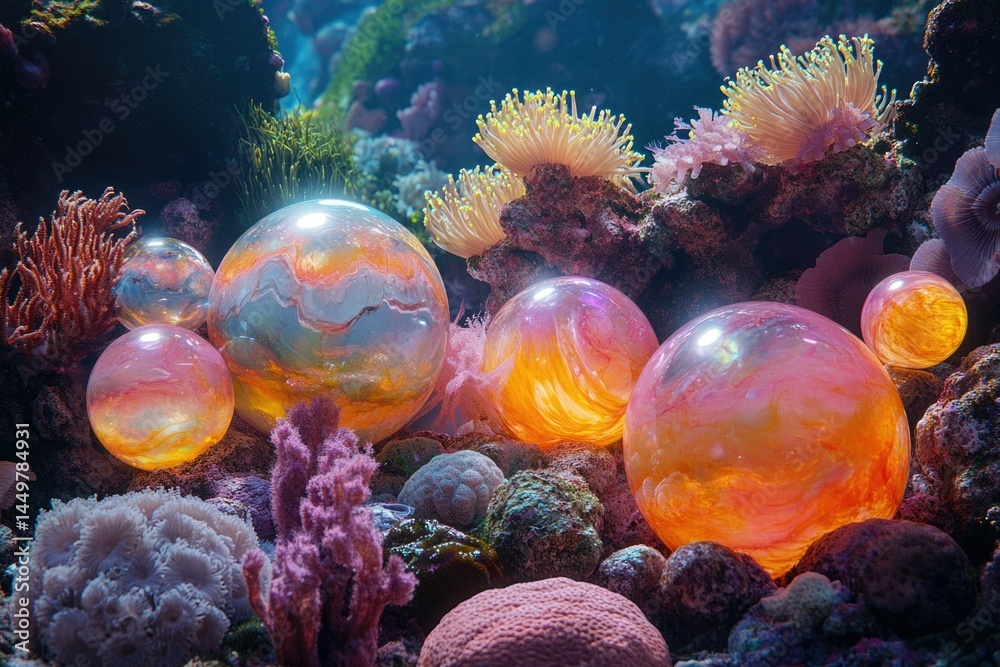 Poster luminous orbs rest on a vibrant coral reef, creating a surreal underwater scene.