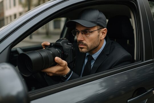 Detective photographing from car.