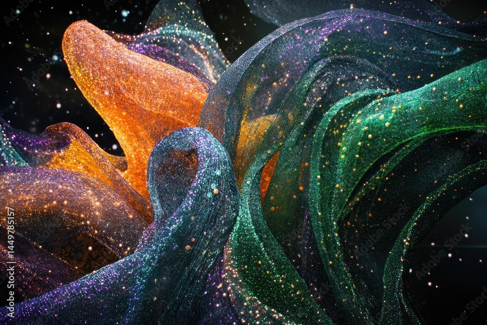 Poster Abstract swirling fabric with shimmering, iridescent colors resembling a cosmic nebula.
