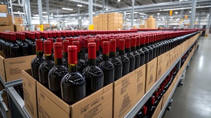 Rows of Red Wine Bottles in Cardboard Boxes at a Warehouse Facility A View of Efficient Wine Storage and Distribution