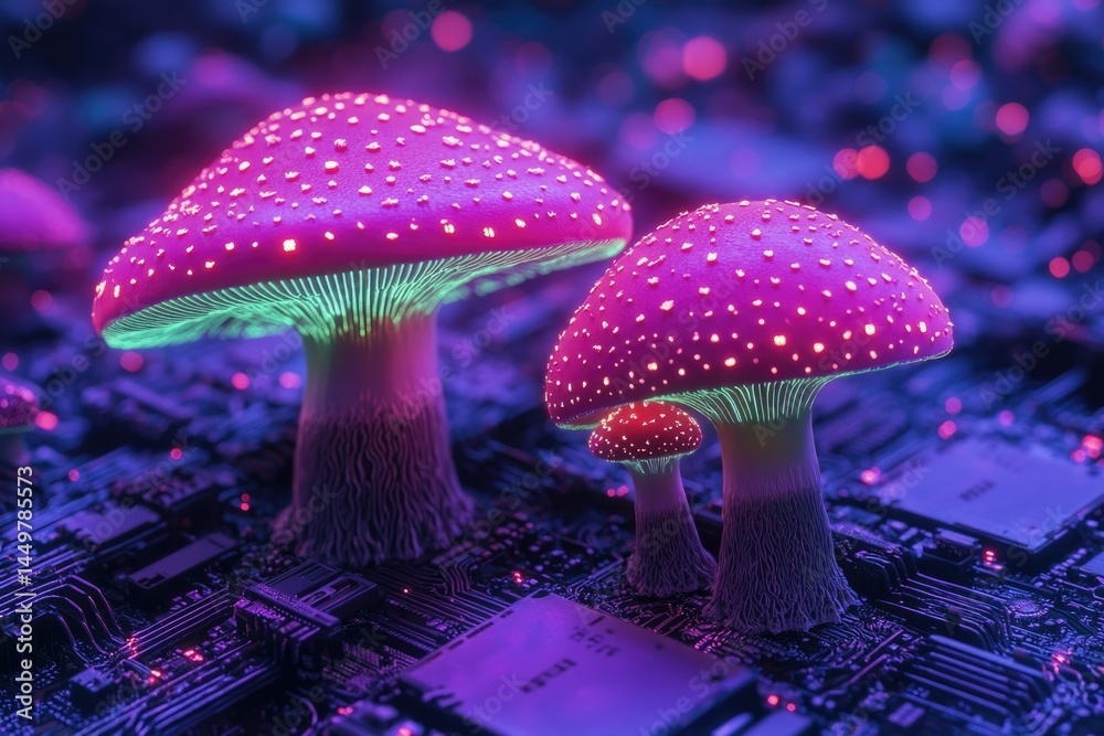 Poster glowing neon mushrooms sprout from a circuit board, a surreal blend of nature and technology.