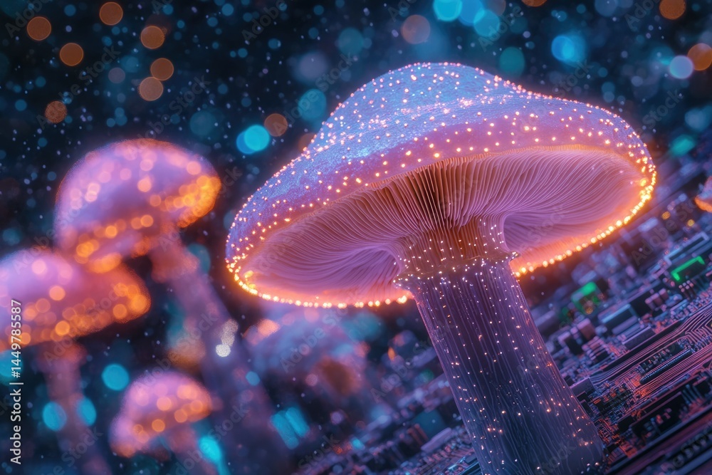 Aufkleber Glowing bioluminescent mushrooms sprout from a futuristic circuit board, creating a surreal and vibrant scene.