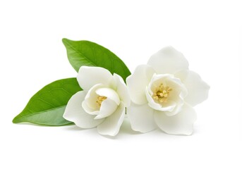 Fototapeta premium Beautiful White Jasmine Flowers with Green Leaves Isolated on White Background Floral Photography