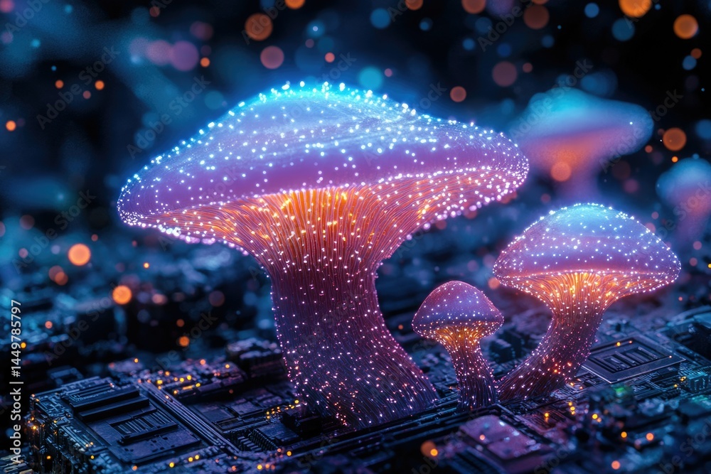Poster glowing bioluminescent mushrooms sprout from a circuit board, symbolizing technology's connection to