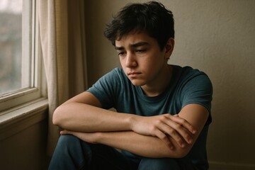 Fototapeta premium Pensive teenager sitting indoors.