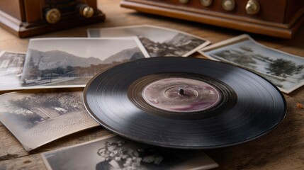 Vinyl Record with Antique Photos and Radio