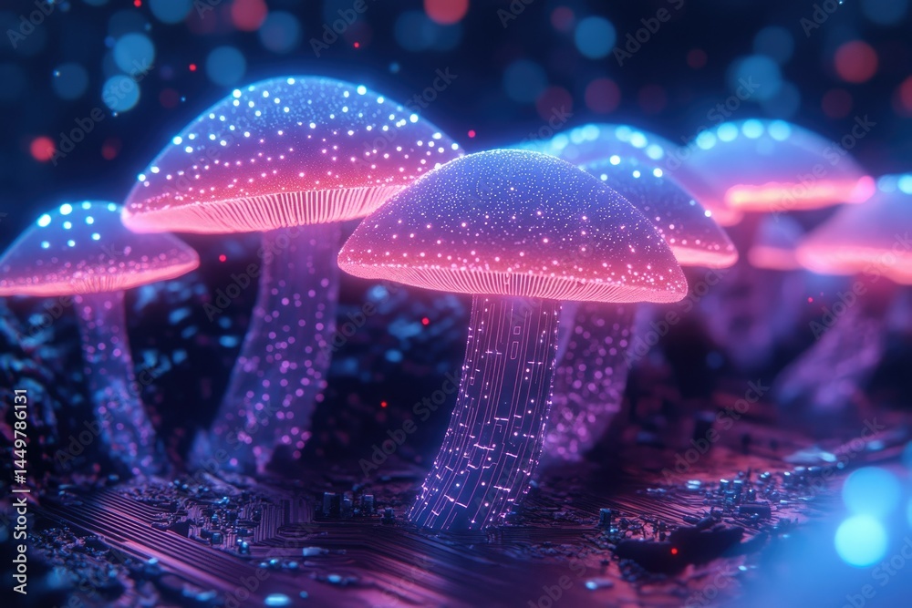 Poster glowing bioluminescent mushrooms with circuit-like stems in a dark, mystical setting.