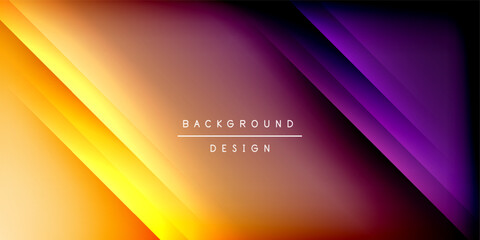 Abstract gradient background. Diagonal lines create dynamic visual effect. Colors blend from yellow, orange, purple, black. Modern design element.