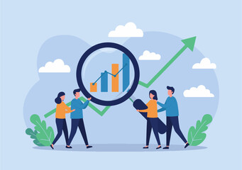 Illustration of a business team analyzing charts and graphs with a magnifying glass and upward arrow, symbolizing teamwork, data analysis, strategy, and collaboration driving financial growth and succ