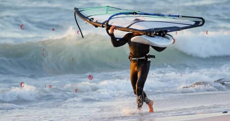 man carrying windsurfing rig walking shore showing floating speed gauge and chart for technology - Powered by Adobe