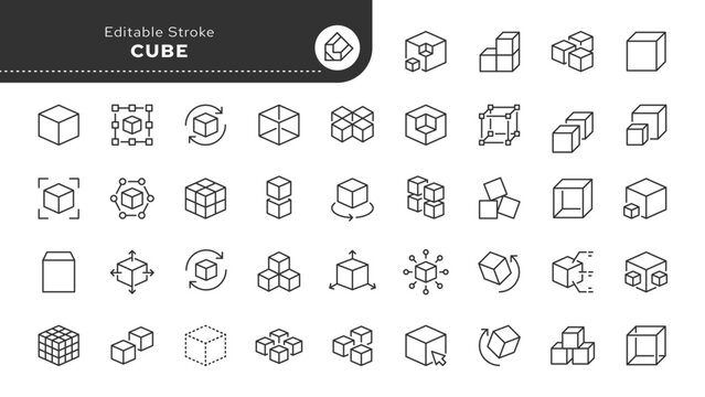 Cube line icon set. Module, box, Geometric shape, model, block, product. Outline vector icon in linear style. Series of pictograms