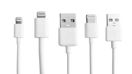 collection of various white USB cables  isolated on white transparent background