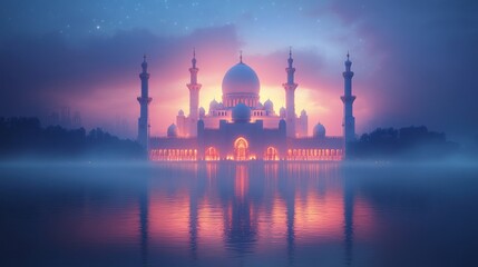 Majestic mosque at dawn, reflected in a misty lake