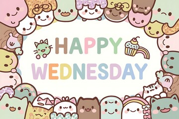 Whimsical Wednesday Celebration with Kawaii Characters and Pastel Colors