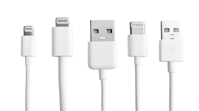 collection of various white USB cables  isolated on white transparent background