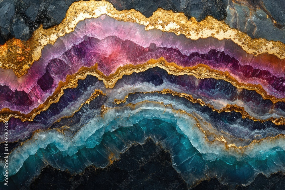 Poster vibrant gemstone layers with gold accents, showcasing a mesmerizing spectrum of colors and textures.