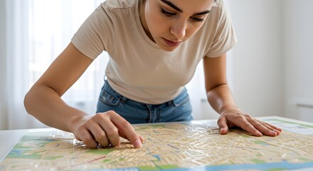 Woman planning travel adventure with road map for vacation destination and route planning guide trip