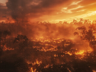 Raging wildfire burning through forest at dusk