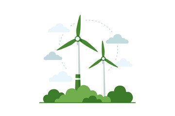 sustainable wind turbines surrounded by green bushes and light clouds, representing clean renewable energy, eco-friendly technology, and environmental conservation.