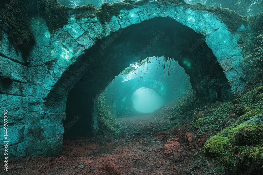 Poster enigmatic mossy stone archway leads to a mysterious, fog-filled path through a mystical forest.