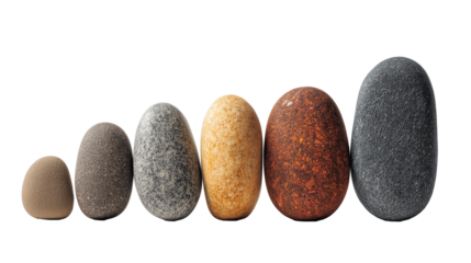 unique collection of six smoothed stones  isolated on white transparent background