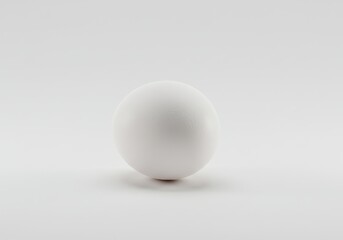 Single white egg standing upright on a seamless white background in a minimalist studio setting