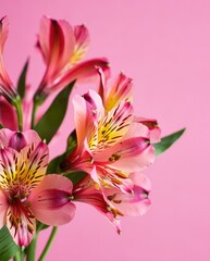 Obraz premium Beautiful pink and orange alstroemeria flowers arranged against a vibrant pink backdrop