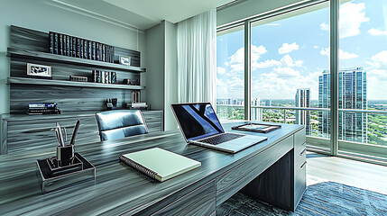 Fototapeta premium Modern, stylish home office with panoramic city view. Laptop, notepad, and sleek desk create a productive workspace. Ideal for business, real estate, and lifestyle concepts. Highend aesthetic.