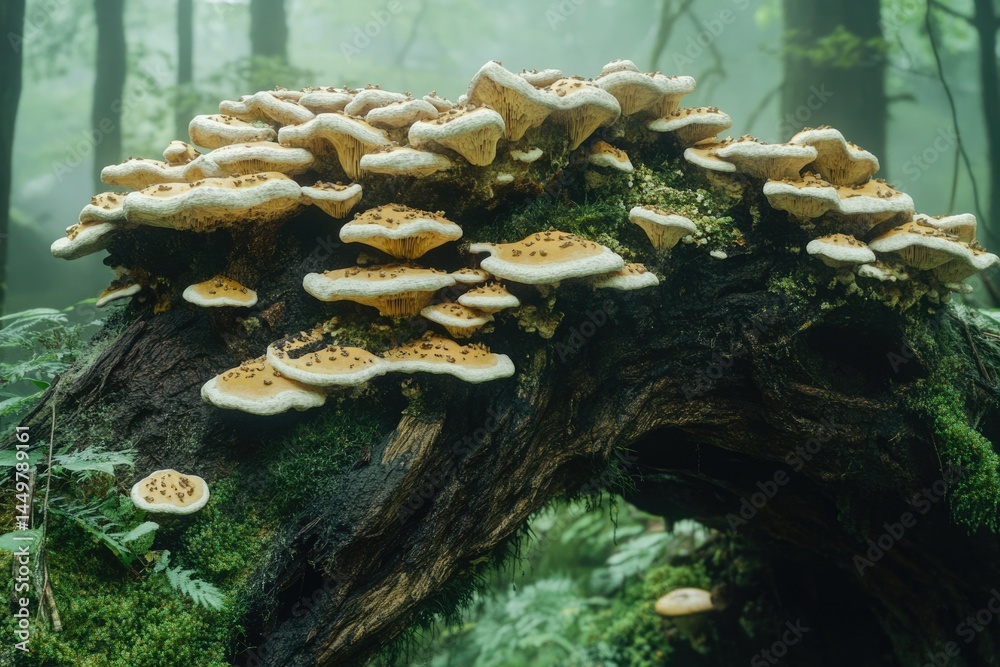 Poster numerous yellow-orange mushrooms cluster on a moss-covered log in a misty forest.