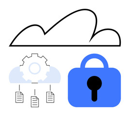 Cloud silhouette with gears, files, and a blue padlock symbolizing secure data sharing, storage, and privacy. Ideal for cybersecurity, cloud services, data protection, and digital safety flat simple