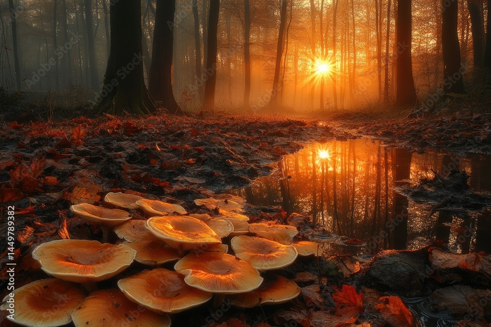 Poster golden hour sunset in a misty forest, illuminating a cluster of mushrooms near a puddle.