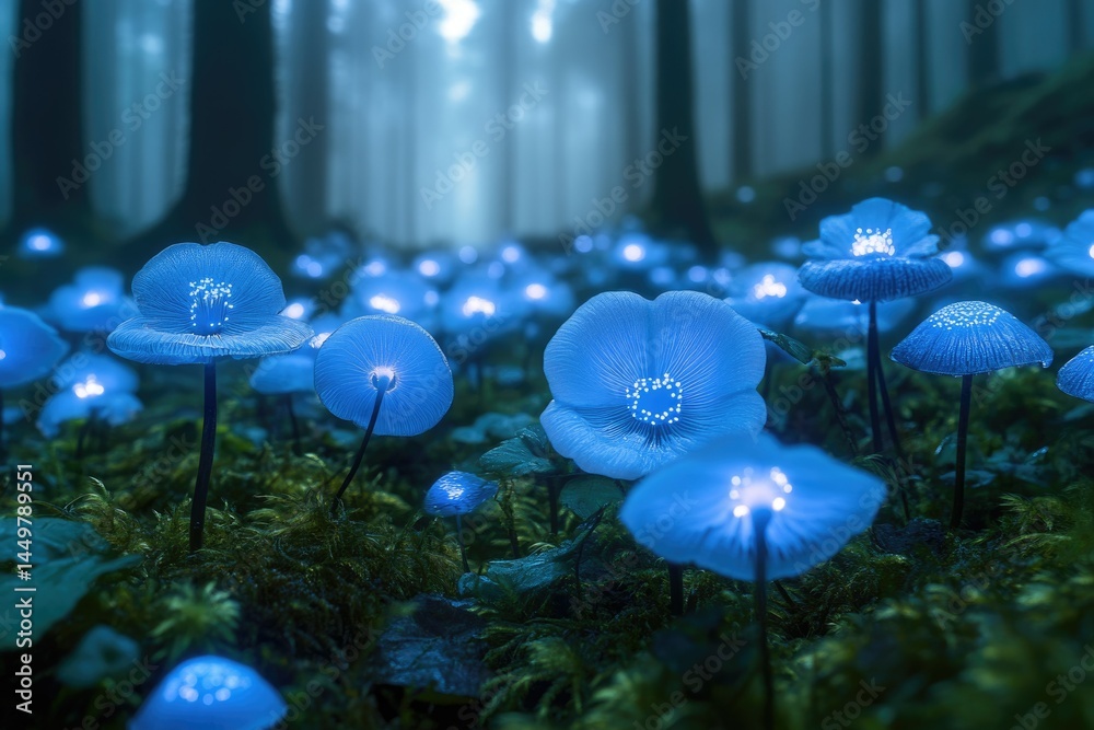 Poster glowing blue mushrooms illuminate a mystical forest at night, creating an enchanting scene.