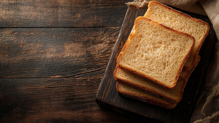 Overhead image of whole grain bread slices resting on a dark wooden rustic surface