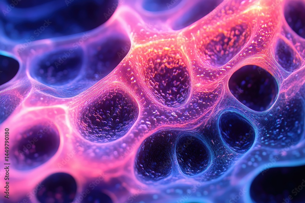 Poster Abstract close-up of a vibrant, bioluminescent network with interconnected nodes, resembling cellular structures.
