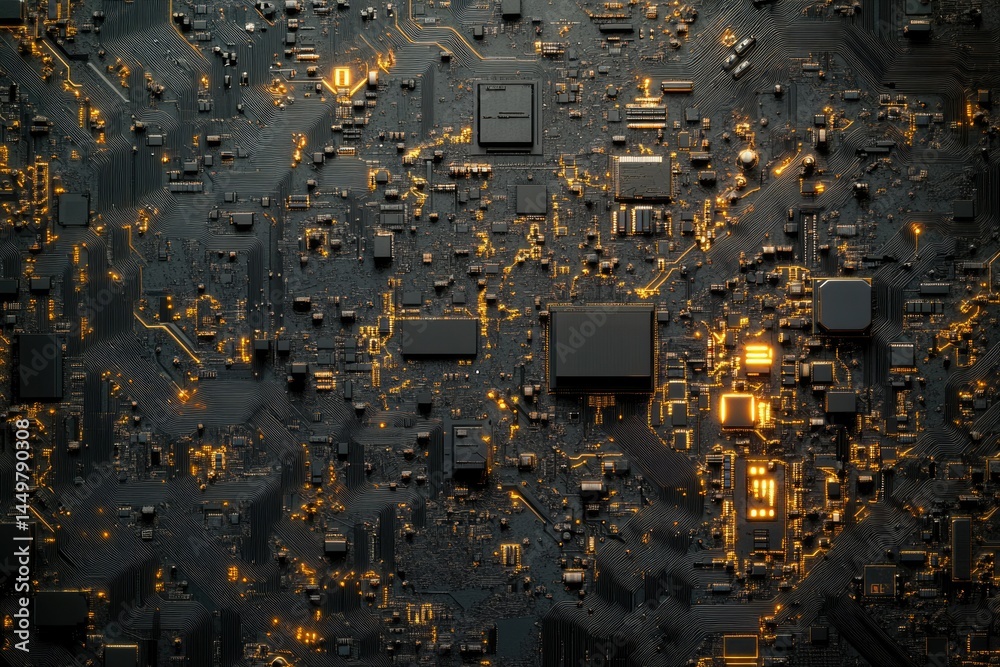 Poster intricate black circuit board with glowing gold pathways, showcasing complex electronic components a