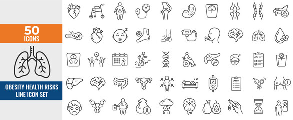 Obesity & Health Risks Line Icon Set – Thin Linear Vector Symbols of BMI Chart, Weighing Scale, Diabetes, Cholesterol, High Blood Pressure, Fast Food & Mental Health