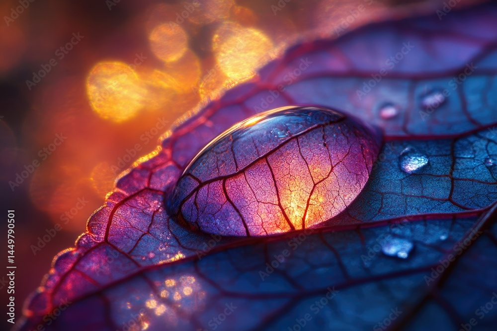 Poster a dewdrop on a vibrant leaf, illuminated from beneath, showcasing intricate leaf veins and bokeh bac