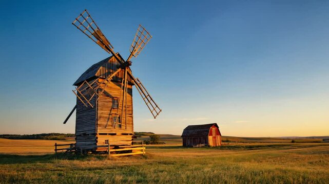 Old Wooden Windmill and Barn in Golden Field at Sunset