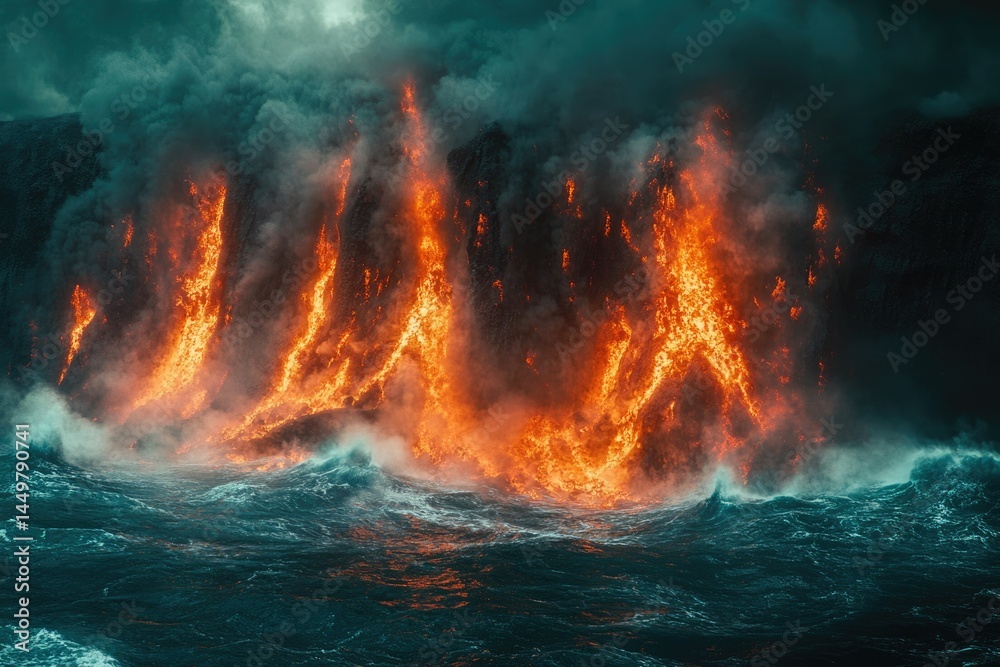 Poster fiery lava flows dramatically into the turbulent ocean, creating a breathtaking spectacle of nature'